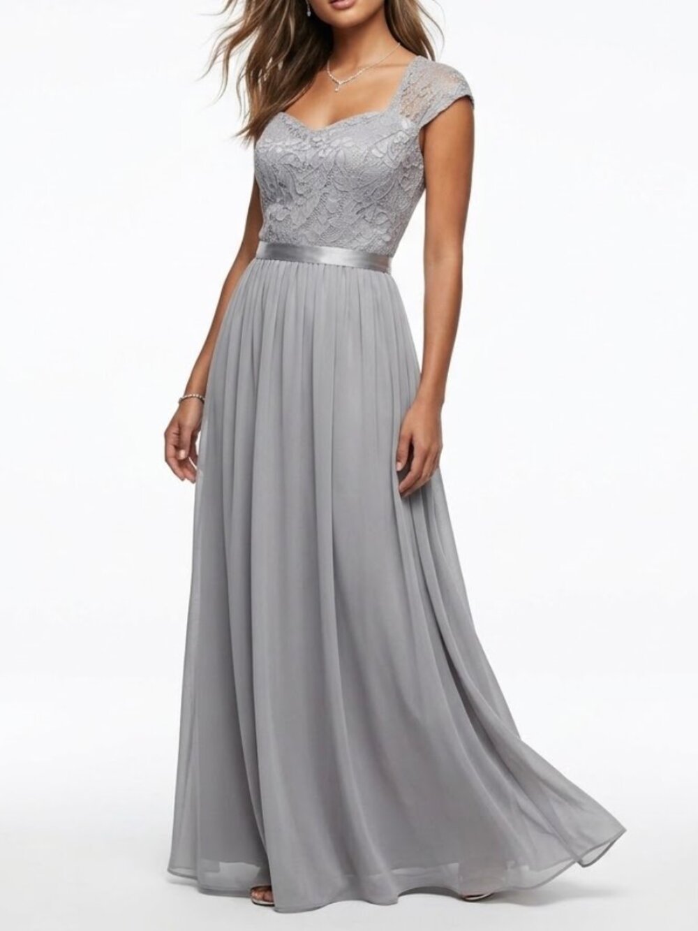 Dresstells Whimsigoth Silver Lace Chiffon Maxi Dress Formal Gown Size L